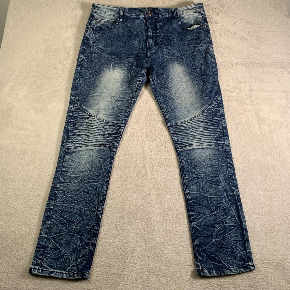 Mecca Jeans Mens 38x32 Blue Stretch Fit Crinkle Wash‎ Biker Denim Pants Casual